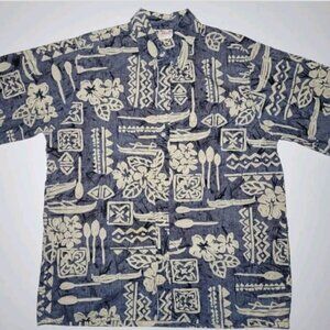 Go Barefoot Mens Blue and Beige Hawaiian Themed Button Up Short Sleeve Shirt